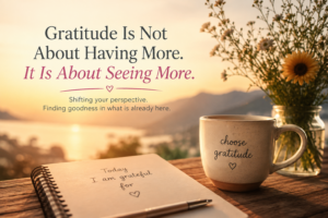 Gratitude journal, coffee cup and flowers at sunset with the words Gratitude Is Not About Having More. It Is About Seeing More.