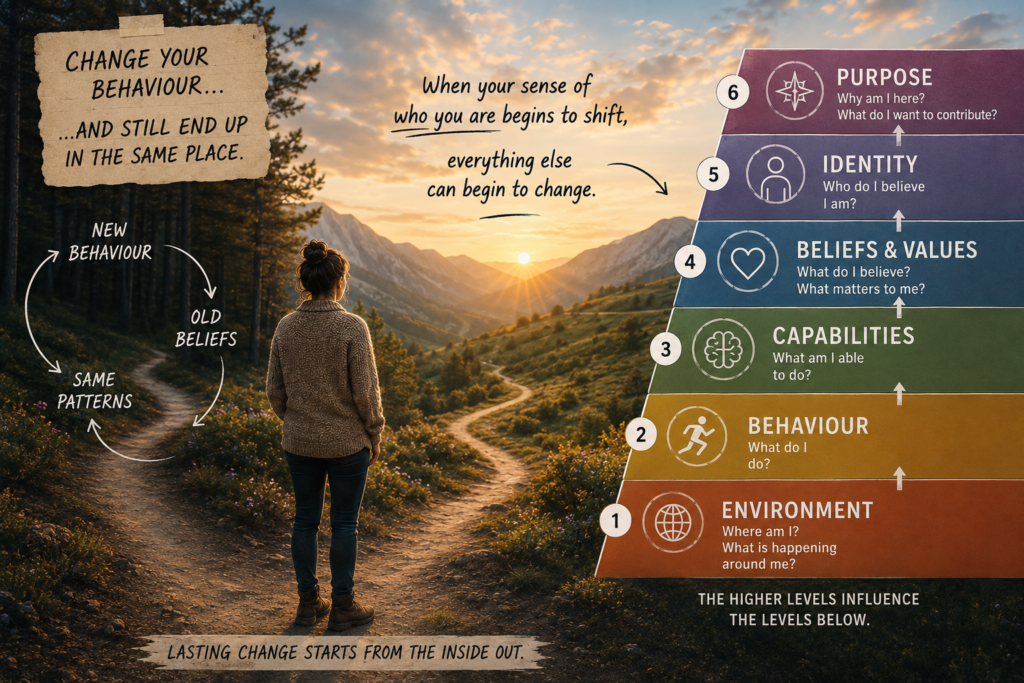 NLP Neurological Levels showing environment, behaviour, capabilities, beliefs and values, identity, and purpose.