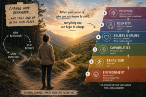 NLP Neurological Levels showing environment, behaviour, capabilities, beliefs and values, identity, and purpose.