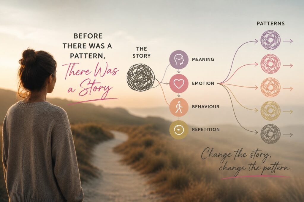 Before There Was a Pattern, There Was a Story – illustration showing how an internal story can shape meaning, emotions, behaviour and repeated patterns.
