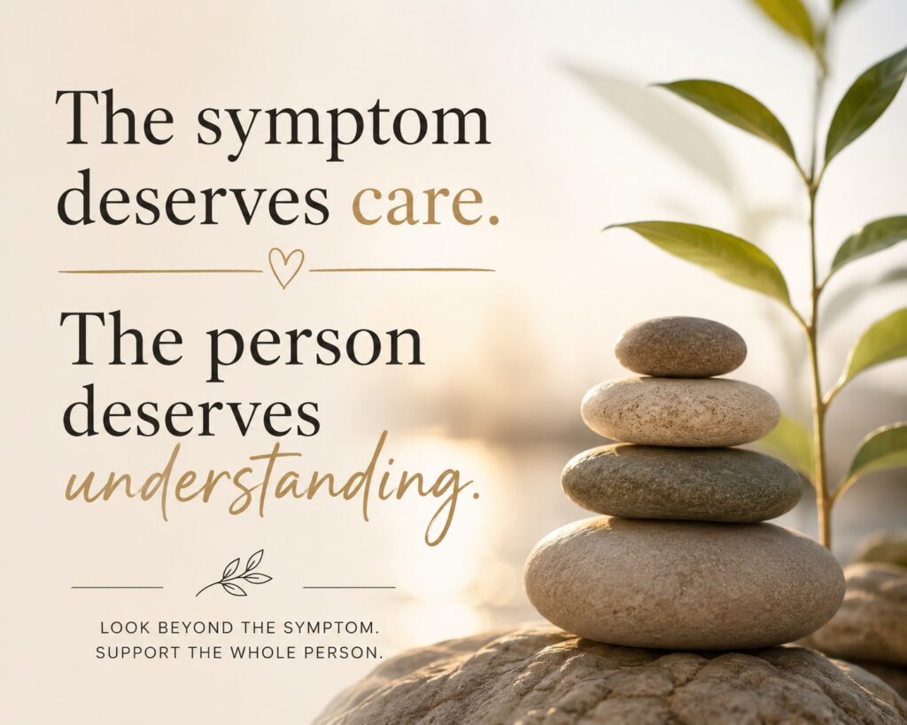 The symptom deserves care. The person deserves understanding. Look beyond the symptom. Support the whole person.